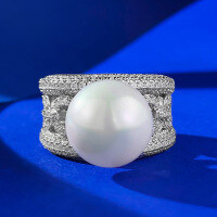 wholesale S925 Sterling Silver Fully Set with 12mm Mother-of-Pearl Bead Ring, Elegant and Goddess-like Style, Live Streaming One-Click Dropshipping-R896 Pearl Ring Size 9