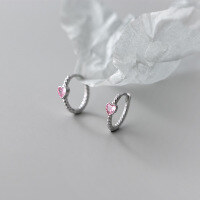 wholesale S925 Sterling Silver Sweet Ear Clasp for Women, Japanese and Korean Style Pink Heart with Single Diamond Twist Hoop Earring M00713-S925 silver pair 925 silver