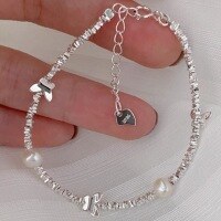 wholesale S925 Sterling Silver Butterfly Freshwater Pearl Small Silver Bead Bracelet, Fashionable and Luxurious Niche Design with a High-End Feel-Freshwater Pearl Butterfly Silver Bracelet--925 Sterling Silver>925 Silver