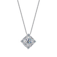 Sterling Silver Square Crystal Necklace with Diamond Accents-S925 sterling silver + 1-carat moissanite