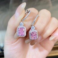 wholesale 925 Sterling Silver Earrings European and American Cross-Border Wholesale Ins Style Versatile Xiaohongshu Viral Pink Radiant Cut Stud Earrings-Pink Diamond-ED137 925 Silver