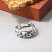 wholesale Sterling Silver Adjustable Unisex Antique-finished Abyssal Gaze Ring With Open Design And Thousand-eye Motif-14th-24th