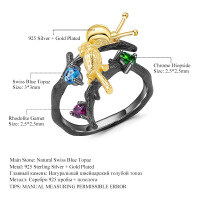 wholesale S925 Sterling Silver Secret Garden Designer Adjustable Ring with Snail and Oriole Design and Natural Gemstone-Natural Garnet Ring Adjustable opening