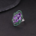 wholesale S925 Sterling Silver Luxury Diopside Ring Set with Natural Amethyst and Green Chalcedony, Vintage Style Jewelry-0-2
