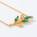 wholesale S925 Gold-Plated Silver Green Leaf with Nano Green Zircon Geometric Olive Branch Pendant Necklace for Women, Bohemian Style-0-4