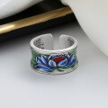 wholesale S925 Sterling Silver Retro Enamel Craft Lotus Heart Sutra Adjustable Ring Creative Literary Classical Style-0-1