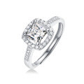 925 Sterling Silver Square Moissanite Four-Prong Halo Ring D Color-0-3