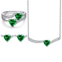 wholesale [925 Sterling Silver] Heart-shaped Emerald Pendant, Green Gemstone Ring, and Stud Earrings Jewelry Set 3 Pieces-Earrings TLED101 925 silver