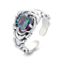 wholesale S925 Sterling Silver Unique Rose Flower Iridescent Zircon Open Ring, Stylish and Fashionable French Luxury Style-556FJ/approx. 6.6g>Adjustable opening