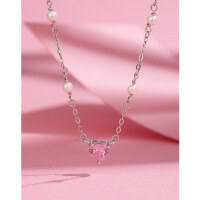 wholesale S925 Sterling Silver Heart Pearl Necklace for Women, Minimalist Niche Design New Collarbone Chain, Sweater Chain with a Premium Feel-Pink Diamond Heart Necklace>925 Silver