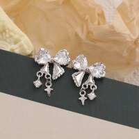 wholesale S925 Sterling Silver Simple and Fresh Bow Earrings, Versatile Small Starry Sparkle Earrings for Valentine's Day Gift-Platinum 925 silver