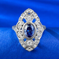 wholesale S925 silver ring simulated sapphire 6*8mm oval French waltz ring vintage fashion style dropshipping-R855 Blue Diamond>No. 6