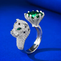 wholesale S925 Silver Ring, Mu Jing Jewelry High Carbon Diamond Leopard Series Simulated Emerald 8*10mm Leopard Ring-R841 Green Diamond Leopard Ring Size 9