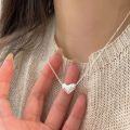 wholesale S925 Sterling Silver Textured Heart Necklace for Women, Korean Summer Viral New Minimalist Style Versatile Collarbone Chain-0-3