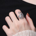 wholesale S925 Sterling Silver Retro Vintage Style 3D Peacock Feather Creative Wide Adjustable Index Finger Ring for Women-0-3