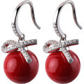 wholesale S925 Sterling Silver Bow Earrings for Women with Inlaid Diamonds and Red/White Synthetic Pearl Beads E8267-0-4