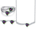 wholesale 925 Silver Three-Piece Jewelry Set with Multicolored Gemstone Heart Pendant, Earrings, and Ring-0-0
