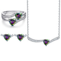 wholesale 925 Silver Three-Piece Jewelry Set with Multicolored Gemstone Heart Pendant, Earrings, and Ring-Ring TL-431 + Earrings TLED101 + Necklace TLXL121  US Size 9#