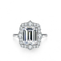 S925 Silver Moissanite Ring Women's Luxury Setting Fancy Shape Emerald Cut Rectangle 4 Carat.-Set with D-color moissanite (4 carats)  US No. 7