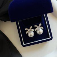 wholesale S925 Sterling Silver Chaebol Heiress Cute and Luxurious Pure Desire Style Girly Bow Australian White Pearl Ear Studs Earrings-10mm white pearl 925 silver