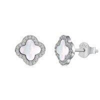 wholesale S925 Sterling Silver Women's Light Luxury Dainty Four-Leaf Clover Mother-of-Pearl Zircon Ear Studs with Silver Needles-DY1D0388-SW-WH 925 silver