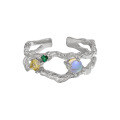 wholesale S925 Sterling Silver 843 Original Niche Design Irregular Hollow-Out Texture Moonstone Colored Gemstone Open Adjustable Ring for Women-0-4