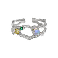 wholesale S925 Sterling Silver 843 Original Niche Design Irregular Hollow-Out Texture Moonstone Colored Gemstone Open Adjustable Ring for Women-Platinum [No. 14/Adjustable]>Opening adjustable