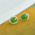 wholesale 925 Sterling Silver Hollow-Out Inlaid Hetian Jade Earrings with Certificate, Egg-Surface Green Jade Earrings for Women-0-5