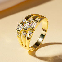 Zircon Geometric Design Three-Row Ring for Women, Light Luxury, Versatile Commuting Style-Three-row diamond ring [K yellow]  US$7