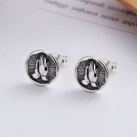 wholesale S925 Sterling Silver Retro Vintage Creative Applause Gesture Pattern Round Stud Earrings Trendy Street Style Earrings-YFR055/approx. 1.6g 925 silver