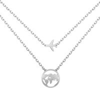 wholesale S925 Sterling Silver Women's Light Luxury High-end Small Airplane Earth Pendant Double-layer Chain Stylish Ins-style Necklace-Platinum DY190772-SW-NA 925 Silver