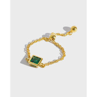 wholesale S925 Sterling Silver JA228 Korean Style Square White Yellow Green Red Zircon Chain Adjustable Bead Ring for Women-18K gold green stone Adjustable adjustment beads