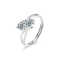 Sterling Silver Moissanite Dual Star Ring, Minimalist Design, Wholesale-Open ring (white gold)  50-point + 50-point moissanite (2 pieces, 5mm each)
