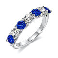 wholesale S925 Sterling Silver Plated with 18K Gold, Cross-Border New Style Moissanite Cultured Colored Gemstone 7-Stone Eternity Ring, Blue Sapphire Ring-0-4