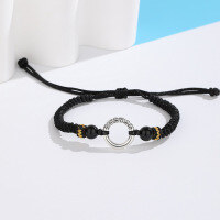wholesale S925 Silver Retro Chinese Style Adjustable Black Agate Rope Bracelet with Cloud Circle and Peace Buckle for Men and Women-Black sterling silver bracelet