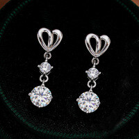Metal Heart Four-Prong Earrings with Moissanite and Tassels-1 carat zircon  925 silver