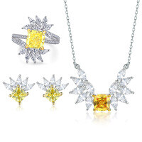 wholesale S925 Sterling Silver Icy Cut Yellow Crystal Gemstone Square Bag Pendant Necklace, Yellow Diamond Ring, and Square Stone Stud Earrings High-End Jewelry Set-Ring TL-530 + Earrings TLED141 + Necklace TLXL178  US Size 8#