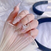 wholesale S925 Sterling Silver Diamond-Inlaid Five-Petal Flower Butterfly Tassel Necklace, Fashion Minimalist Niche Sophisticated Collarbone Jewelry-Butterfly Flower Necklace