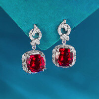 wholesale Metal: 925 Silver Zhuozhifang Jewelry New 10*10 Red Zircon Wide Square Earrings for Women, Light Luxury Retro Design, Live Cross-Border-E647 Red Diamond Earrings 925 Silver