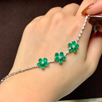 wholesale S925 Sterling Silver Red Elk Full Body Floral Green Diamond Bracelet for Women, Five-Leaf Bracelet for Women, Elegant and Sophisticated Geometric Bangle-BS0247-Platinum 925 Silver