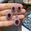 wholesale Metal material first, TikTok hot sale 2 carat lab-grown ruby 3 carat set oval ring necklace earrings Mother's Day gift-0-0