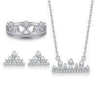 wholesale 925 Sterling Silver Women's European and American Fashion Star Moon Crown Ring Zircon Star Earrings Moon Necklace Set-Ring TL-245 + Earrings TLED111 + Necklace TLXL134  US Size 10#