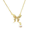 wholesale S925 Sterling Silver Butterfly Diamond-Encrusted Tassel Freshwater Pearl Necklace Fashion Minimalist Niche Luxury Sense Collarbone Chain-0-4