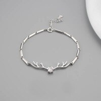 wholesale S925 Sterling Silver "Always with You" Elk Antler Simple Silver Inlaid with Zircon Bracelet for Women, Zircon Korean Style Minimalist-A Deer with You-White Zirconium 925 Silver