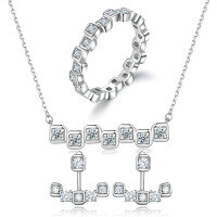 wholesale 925 Silver Women's Jewelry Set Three-Piece Suite Single Row Diamond Ring Pure Silver Necklace-Ring TL-552 + Earrings TLED148 + Necklace TLXL184  US Size 10#