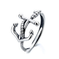 wholesale S925 Sterling Silver Retro Creative 3D Anchor Ring, Ins Street Style Trendy Personalized Fashion Versatile Finger Ring-423J/approx. 2.6g Adjustable opening