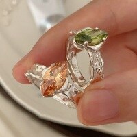 wholesale 925 Sterling Silver Irregular Textured Olive Green Zircon Ring Minimalist Aloof Style Unique Fancy Ring-Orange Diamond Ring - Silver 925 Silver Opening Adjustable