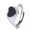 wholesale S925 Sterling Silver Black Heart Resin Love Ring, Gentle Korean Style Sweet and Edgy Design Sense Index Finger Ring for Women-0-4