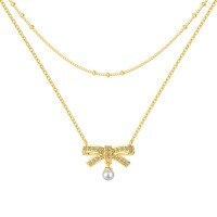 wholesale S925 Sterling Silver Cross-Border Women's Necklace, Exquisite and Sophisticated Bow Pearl Double-Layer Chain Design, Versatile Statement Piece-Gold DY190897-SG-WH 925 silver