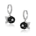 wholesale 925 Sterling Silver High-Quality Periwinkle Flower Ear Clips for Women, Elegant Black Agate French Vintage Earrings-0-5